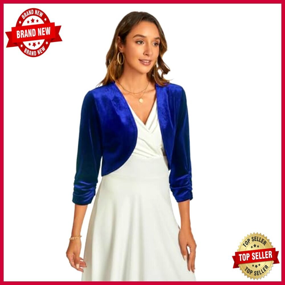 Velvet Bolero Shrug 3/4 Sleeve Open Front Cropped Cardigan Size Small - Picture 6 of 6